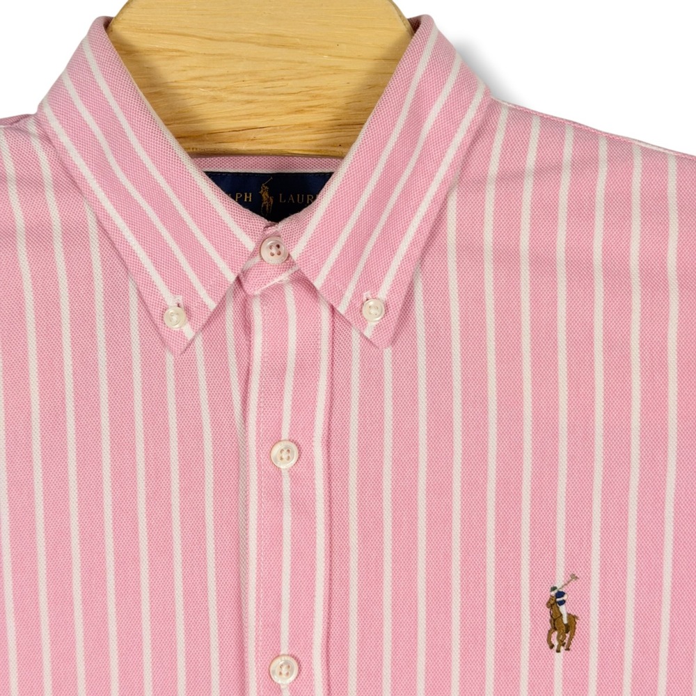 Ralph Lauren Button Down Men Large Pink Striped Knit Oxford Cotton Preppy Pony